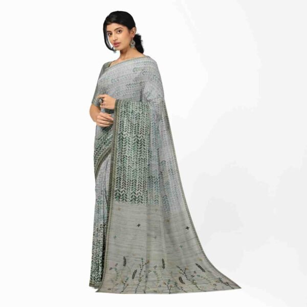 Bonphool Grey Woven Cotton Saree with Green Floral & Abstract Motifs